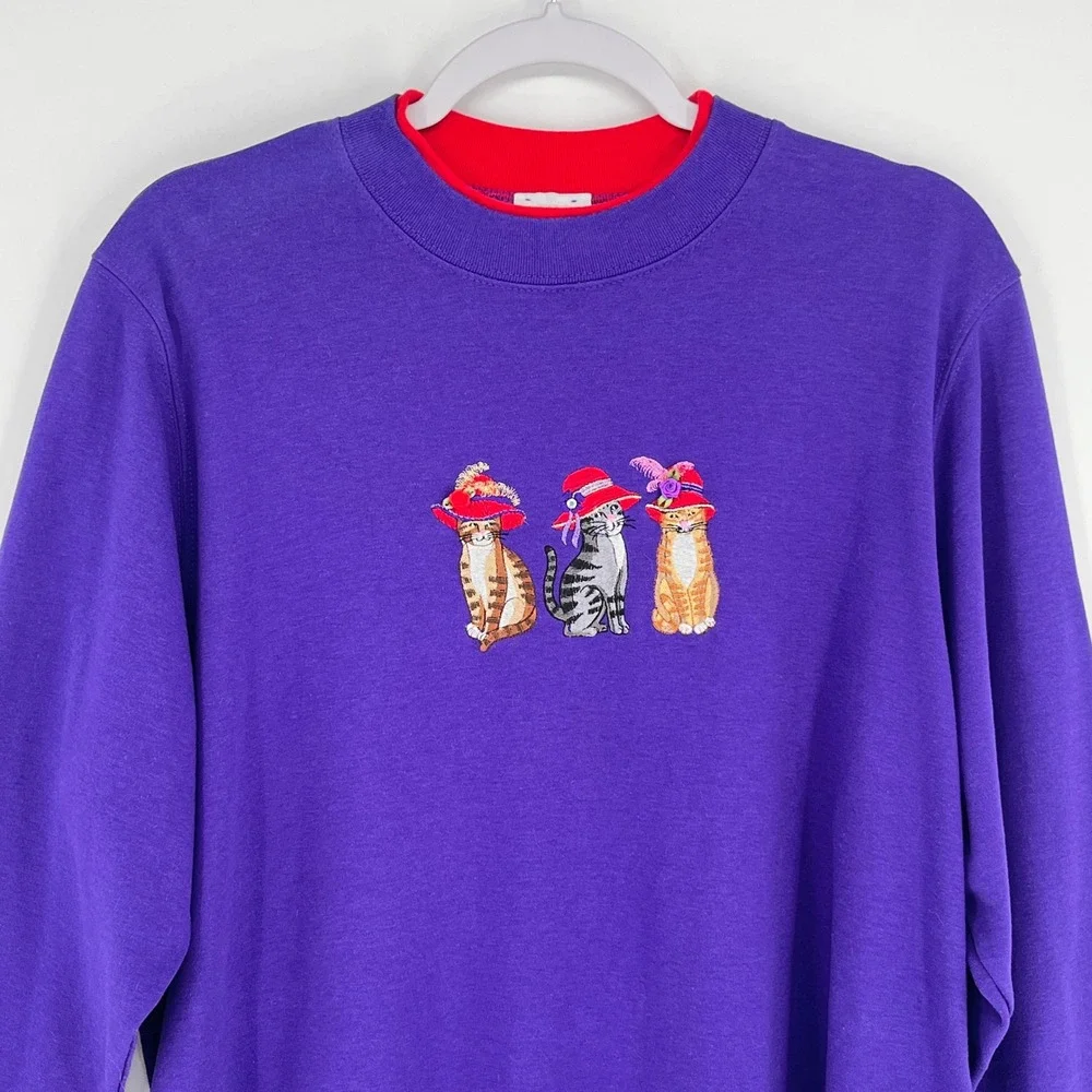 Vintage 90s Embroidered Cat Sweatshirt Purple Cottagecore Kitten Pullover XLP